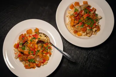 Mafalda and Roasted Butternut in Warm Yogurt Sauce