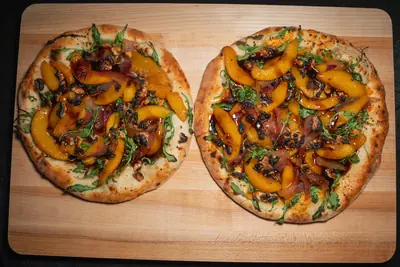 Peach, Arugula, and Walnut Pizza
