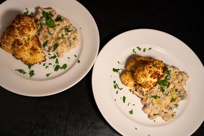 Ras el Hanout Cauliflower Wedges with Mashed Chickpeas