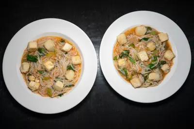 Spicy Basil Noodles with Crispy Tofu, Bok Choy, and Bell Peppers