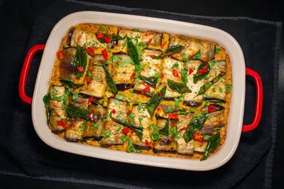 Stuffed Eggplant in Curry and Coconut Dal